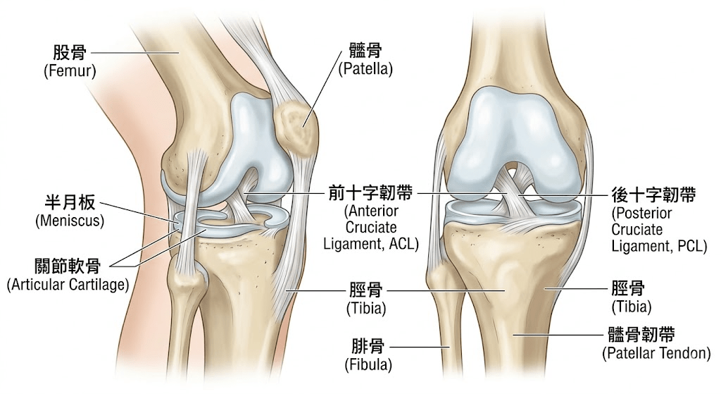 膝蓋痛原因：膝關節構造圖解，顯示半月板、韌帶、髕骨等主要結構