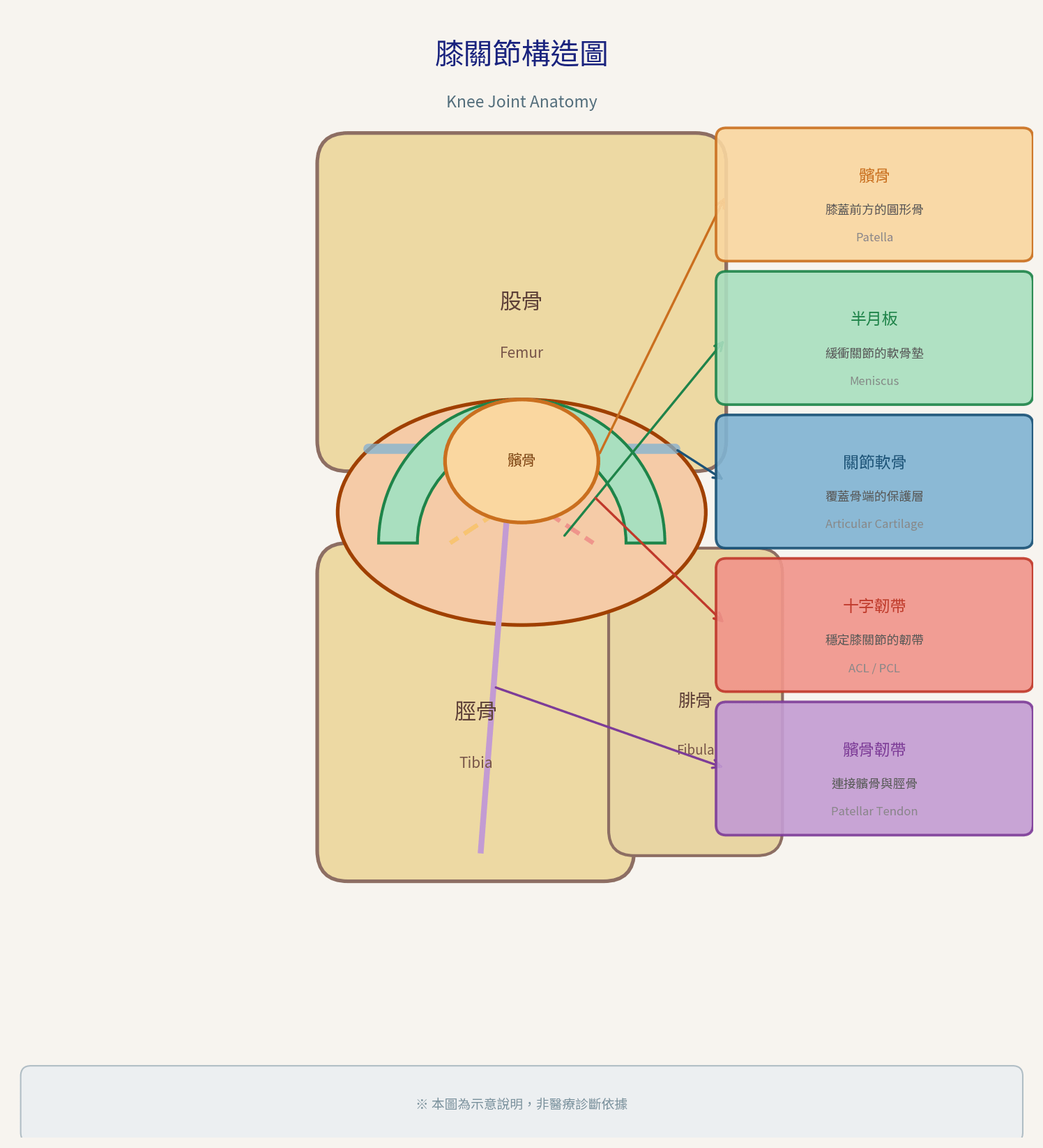 膝蓋痛原因：膝關節構造圖解，顯示半月板、韌帶、髕骨等主要結構