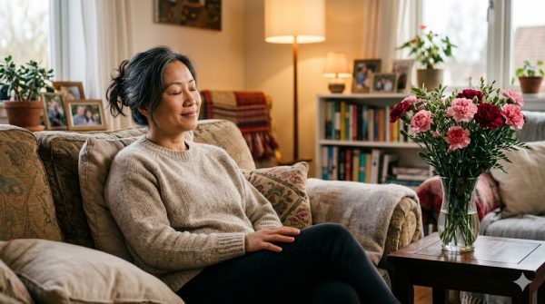 母親節禮物推薦：亞洲媽媽坐在溫馨沙發上閉眼放鬆，旁邊有康乃馨
